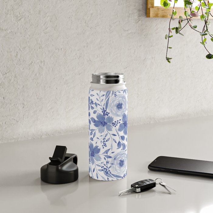Blue and White Watercolor Florals Water Bottle Gallery Image 4