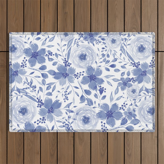 Blue and White Watercolor Florals Outdoor Rug Gallery Image 1