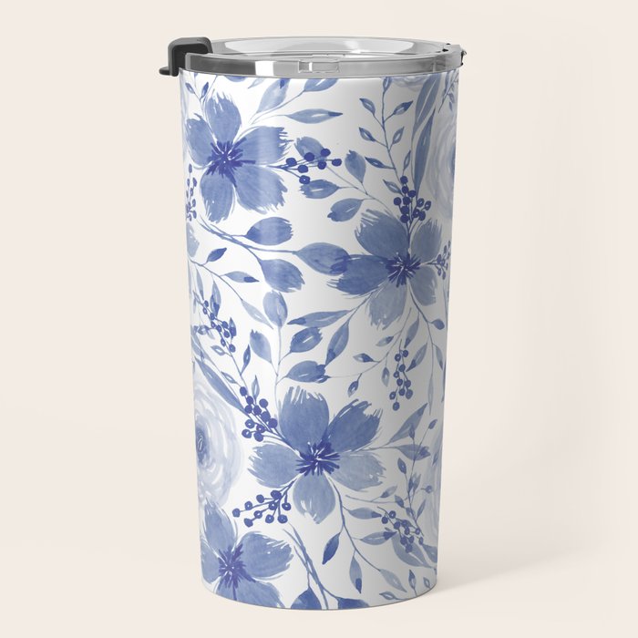 Blue and White Watercolor Florals Travel Mug Gallery Image 3