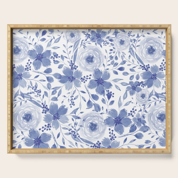 Blue and White Watercolor Florals Serving Tray Gallery Image 1