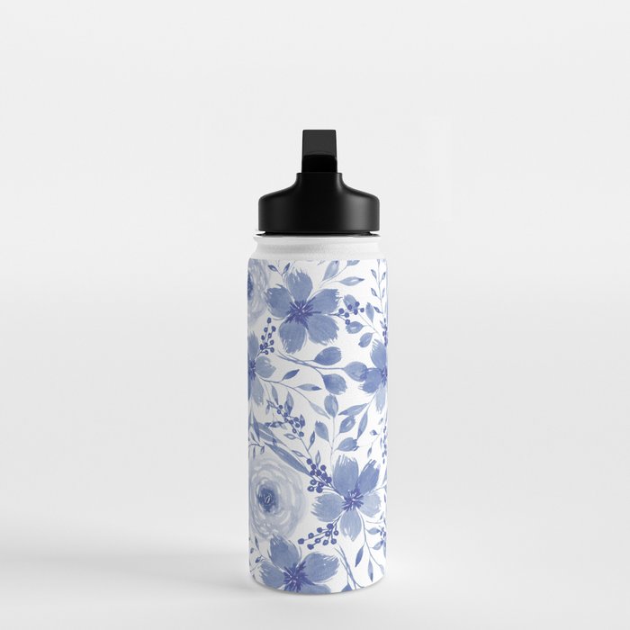 Blue and White Watercolor Florals Water Bottle Gallery Image 3