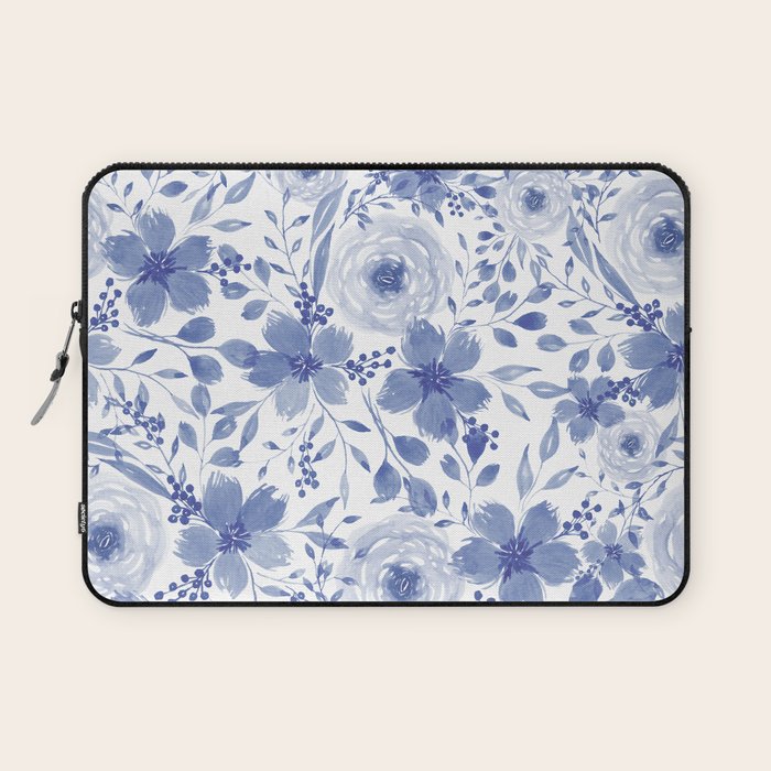 Blue and White Watercolor Florals Laptop Sleeve Gallery Image 1