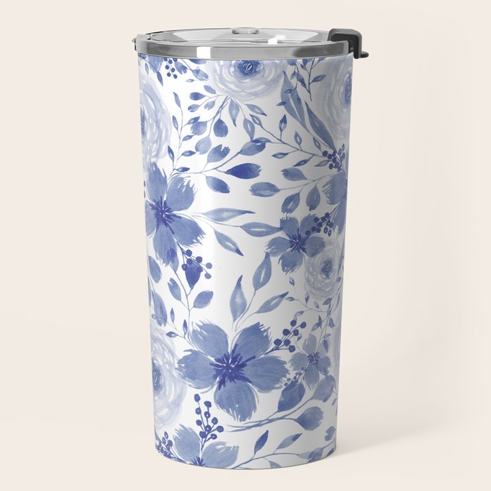 Blue and White Watercolor Florals Travel Mug Gallery Image 2