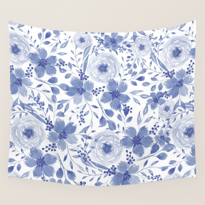 Blue and White Watercolor Florals Wall Tapestry Gallery Image 4