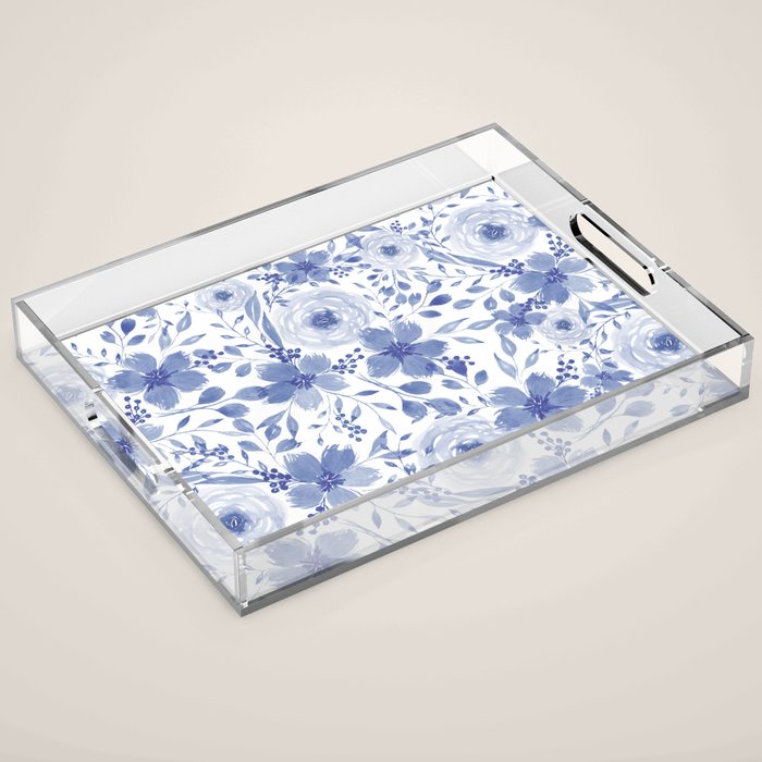 Blue and White Watercolor Florals Acrylic Tray Gallery Image 1