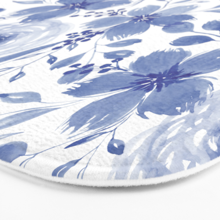 Blue and White Watercolor Florals Bath Mat Gallery Image 3