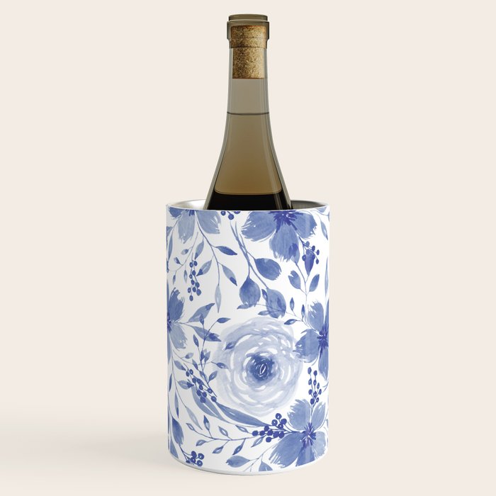 Blue and White Watercolor Florals Wine Chiller Gallery Image 1