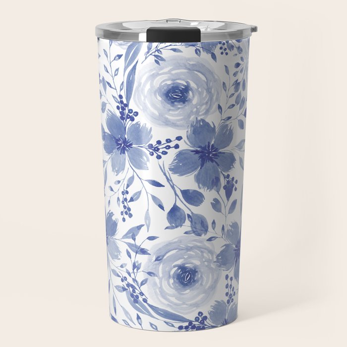 Blue and White Watercolor Florals Travel Mug Gallery Image 1