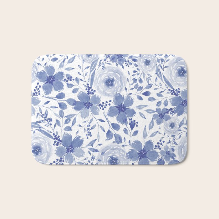 Blue and White Watercolor Florals Bath Mat Gallery Image 1