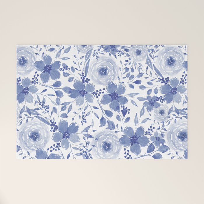 Blue and White Watercolor Florals Welcome Mat Gallery Image 1