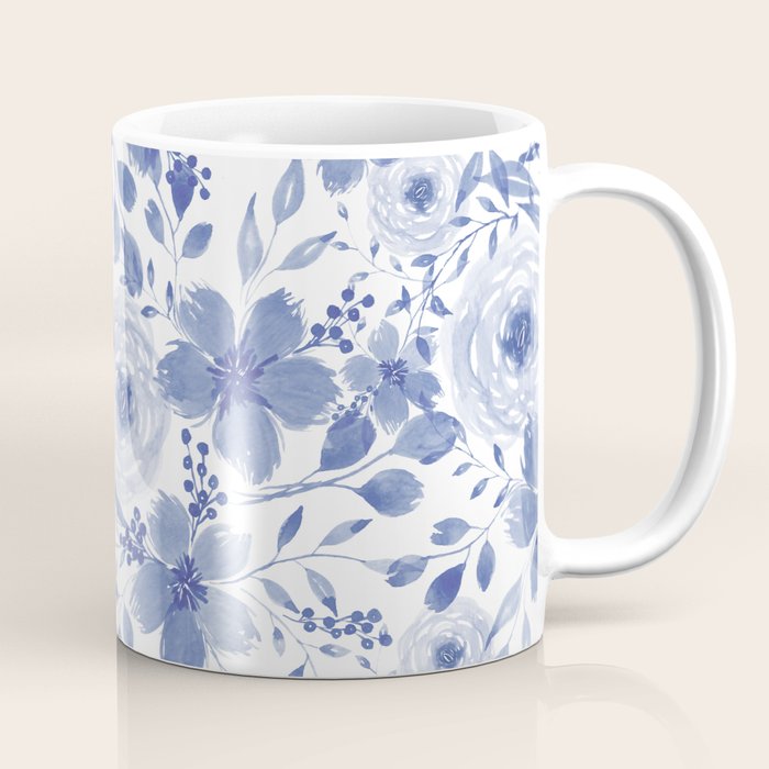 Blue and White Watercolor Florals Coffee Mug Gallery Image 1