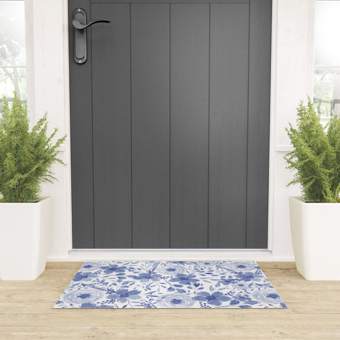 Blue and White Watercolor Florals Welcome Mat Gallery Image 3