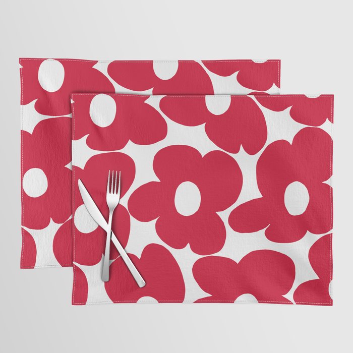 Red Retro Flowers White Background #decor #society6 #buyart Placemat Gallery Image 1