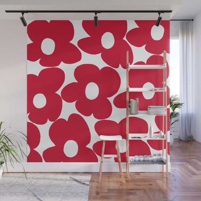 Red Retro Flowers White Background #decor #society6 #buyart Wall Mural Gallery Image 1