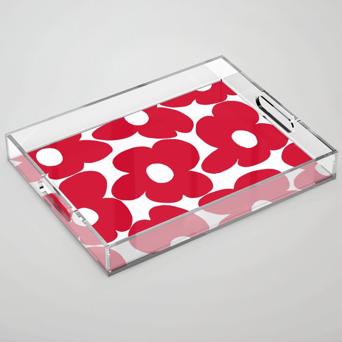 Red Retro Flowers White Background #decor #society6 #buyart Acrylic Tray Gallery Image 1