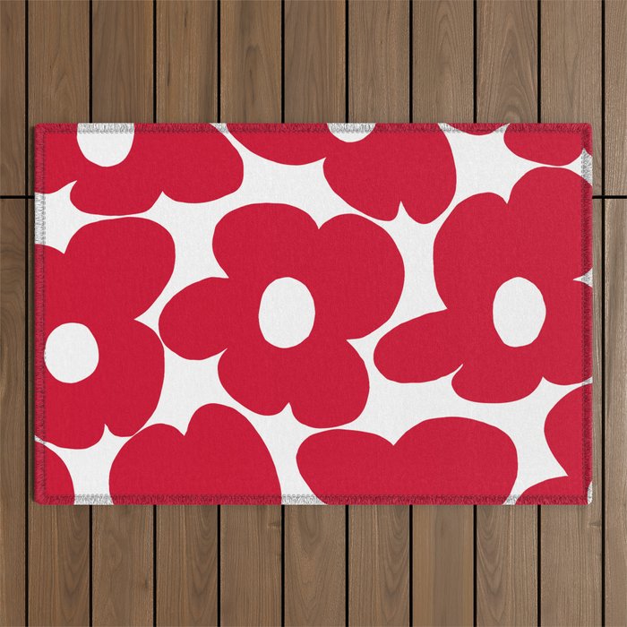 Red Retro Flowers White Background #decor #society6 #buyart Outdoor Rug Gallery Image 1