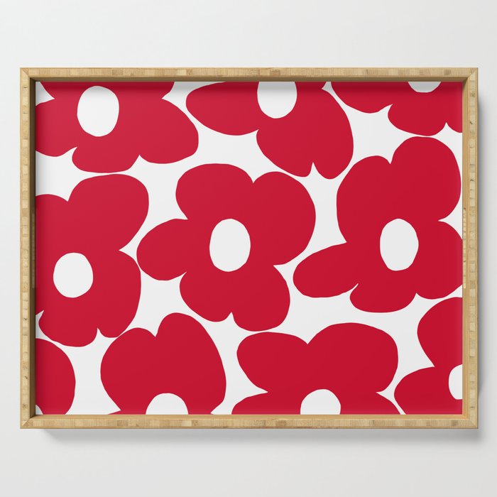 Red Retro Flowers White Background #decor #society6 #buyart Serving Tray Gallery Image 1