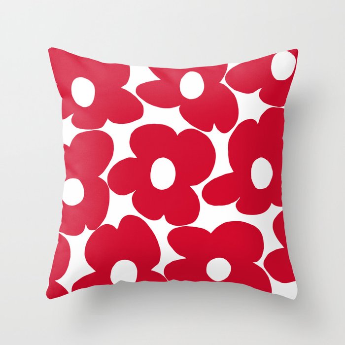 Red Retro Flowers White Background #decor #society6 #buyart Throw Pillow Gallery Image 1