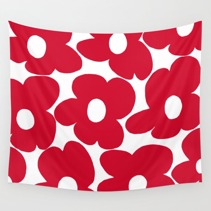 Red Retro Flowers White Background #decor #society6 #buyart Wall Tapestry Gallery Image 1