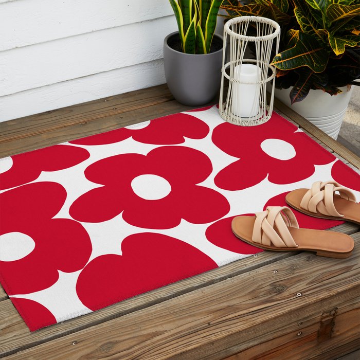 Red Retro Flowers White Background #decor #society6 #buyart Outdoor Rug Gallery Image 2