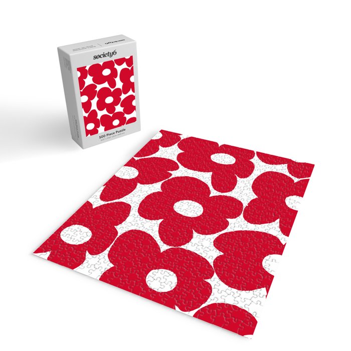 Red Retro Flowers White Background #decor #society6 #buyart Jigsaw Puzzle Gallery Image 2