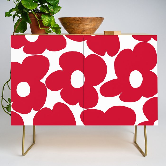 Red Retro Flowers White Background #decor #society6 #buyart Credenza Gallery Image 1