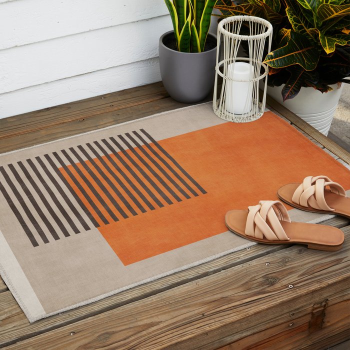 Beige Orange Geometric Abstract Minimalist Art Outdoor Rug Gallery Image 2