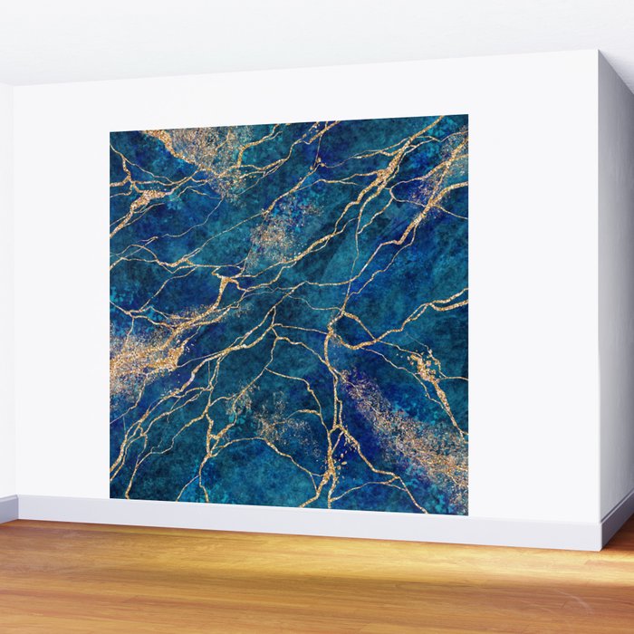 Marble Blue Gold Gem Stone Art Wall Mural Gallery Image 2