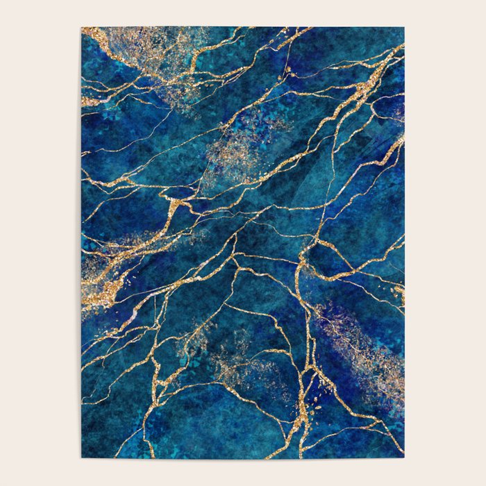 Marble Blue Gold Gem Stone Art Poster Gallery Image 1