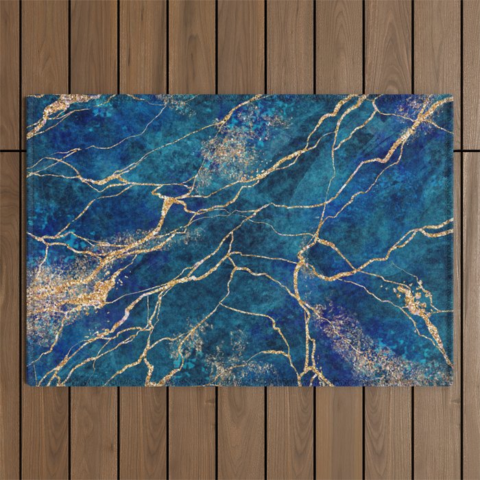 Marble Blue Gold Gem Stone Art Outdoor Rug Gallery Image 1