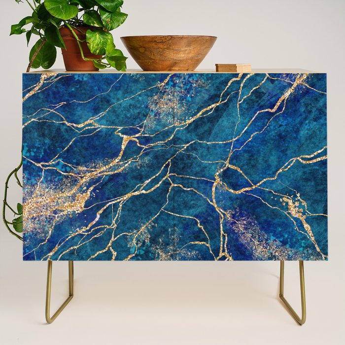 Marble Blue Gold Gem Stone Art Credenza Gallery Image 1