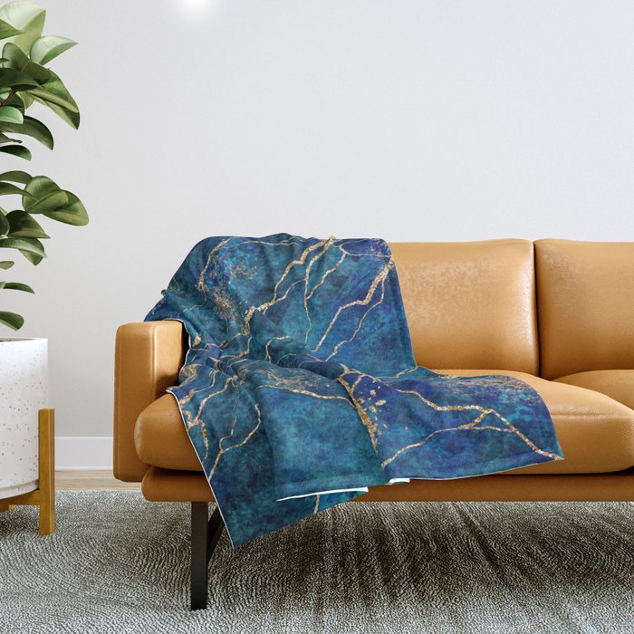 Marble Blue Gold Gem Stone Art Throw Blanket Gallery Image 1