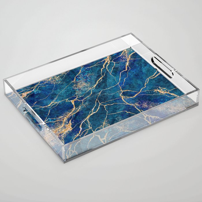 Marble Blue Gold Gem Stone Art Acrylic Tray Gallery Image 1