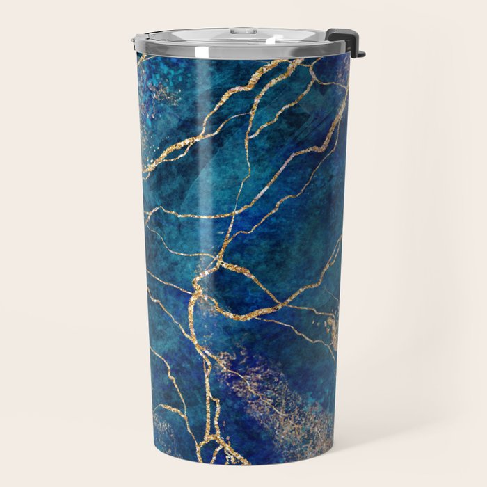 Marble Blue Gold Gem Stone Art Travel Mug Gallery Image 2