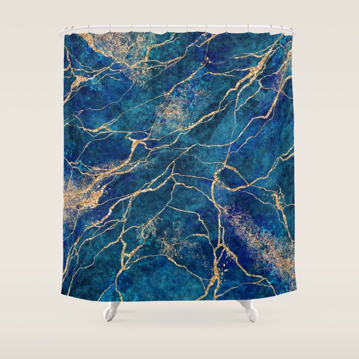 Marble Blue Gold Gem Stone Art Shower Curtain Gallery Image 1