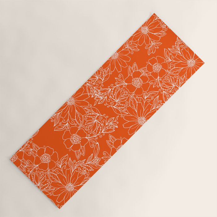 Hand drawn white bright orange modern floral Yoga Mat Gallery Image 1