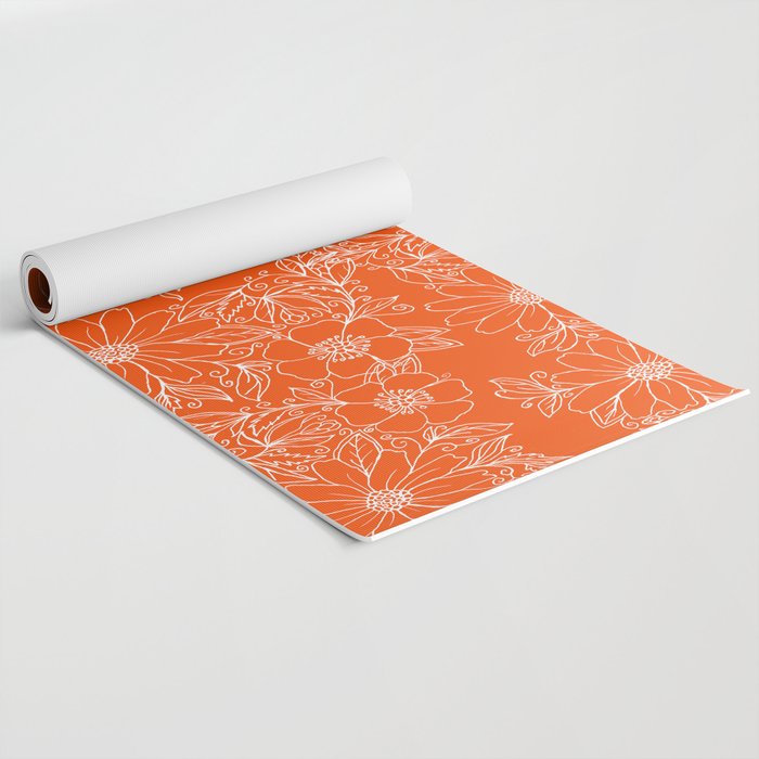 Hand drawn white bright orange modern floral Yoga Mat Gallery Image 2