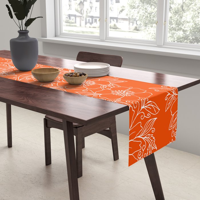 Hand drawn white bright orange modern floral Table Runner Gallery Image 2