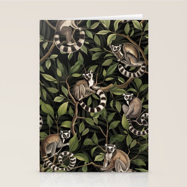 Lush Tropical Lemur Monkey Paradise Black Stationery Card Gallery Image 1