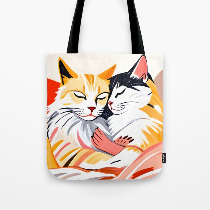 Sleepover, Cats Animals Pets In Love, Affection Cute Companion One Night Stand, Cat Mom Couple Romance Painting Tote Bag Gallery Image 1