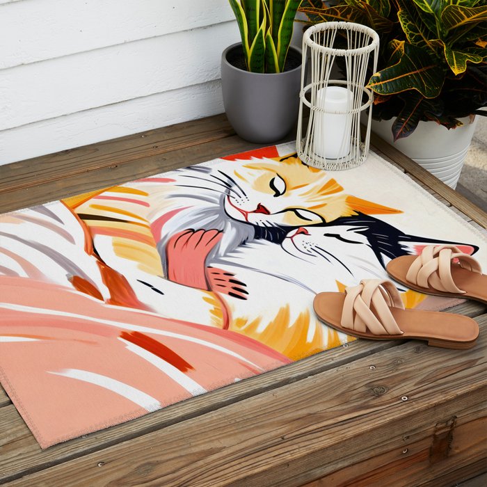 Sleepover, Cats Animals Pets In Love, Affection Cute Companion One Night Stand, Cat Mom Couple Romance Painting Outdoor Rug Gallery Image 2