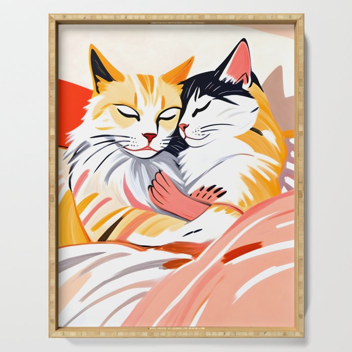 Sleepover, Cats Animals Pets In Love, Affection Cute Companion One Night Stand, Cat Mom Couple Romance Painting Serving Tray Gallery Image 1