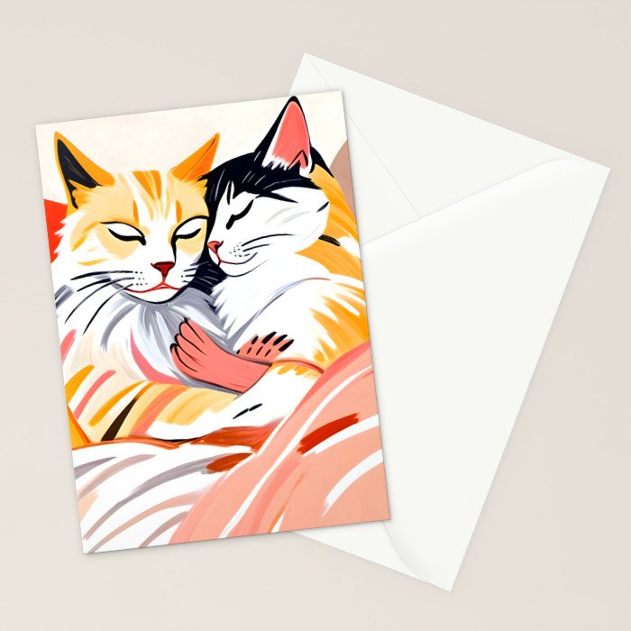 Sleepover, Cats Animals Pets In Love, Affection Cute Companion One Night Stand, Cat Mom Couple Romance Painting Stationery Card Gallery Image 2