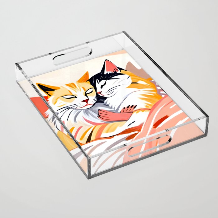 Sleepover, Cats Animals Pets In Love, Affection Cute Companion One Night Stand, Cat Mom Couple Romance Painting Acrylic Tray Gallery Image 1