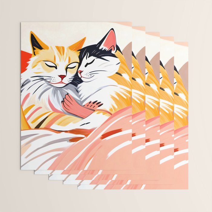 Sleepover, Cats Animals Pets In Love, Affection Cute Companion One Night Stand, Cat Mom Couple Romance Painting Wrapping Paper Gallery Image 3