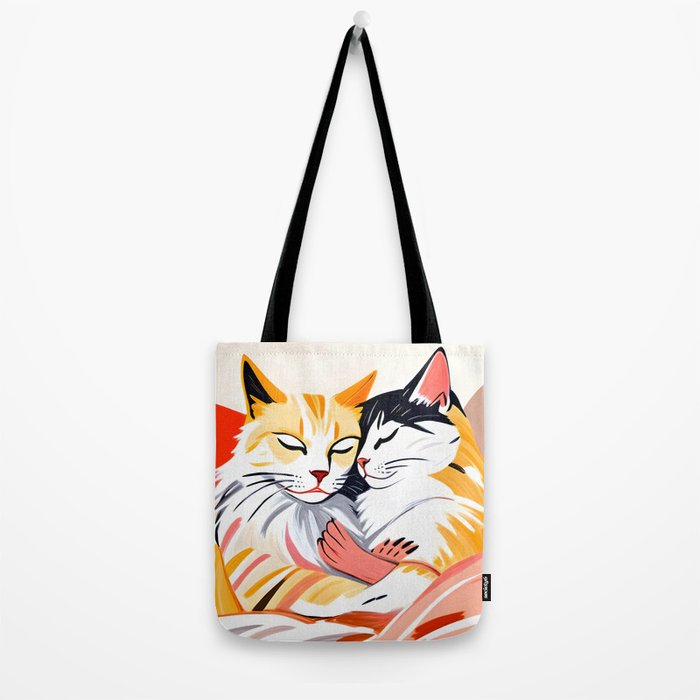 Sleepover, Cats Animals Pets In Love, Affection Cute Companion One Night Stand, Cat Mom Couple Romance Painting Tote Bag Gallery Image 2