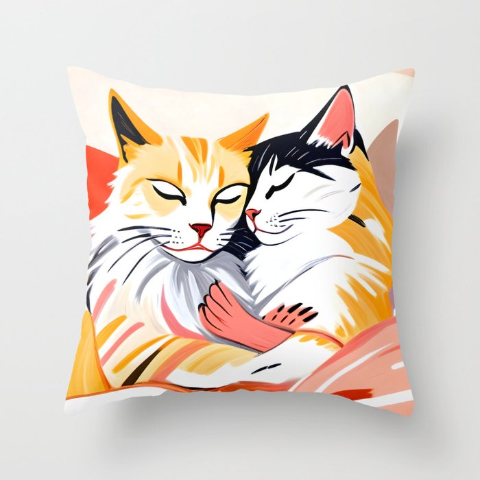Sleepover, Cats Animals Pets In Love, Affection Cute Companion One Night Stand, Cat Mom Couple Romance Painting Throw Pillow Gallery Image 6