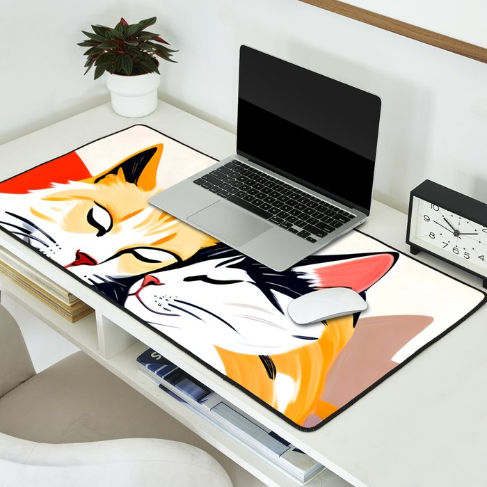 Sleepover, Cats Animals Pets In Love, Affection Cute Companion One Night Stand, Cat Mom Couple Romance Painting Desk Mat Gallery Image 2