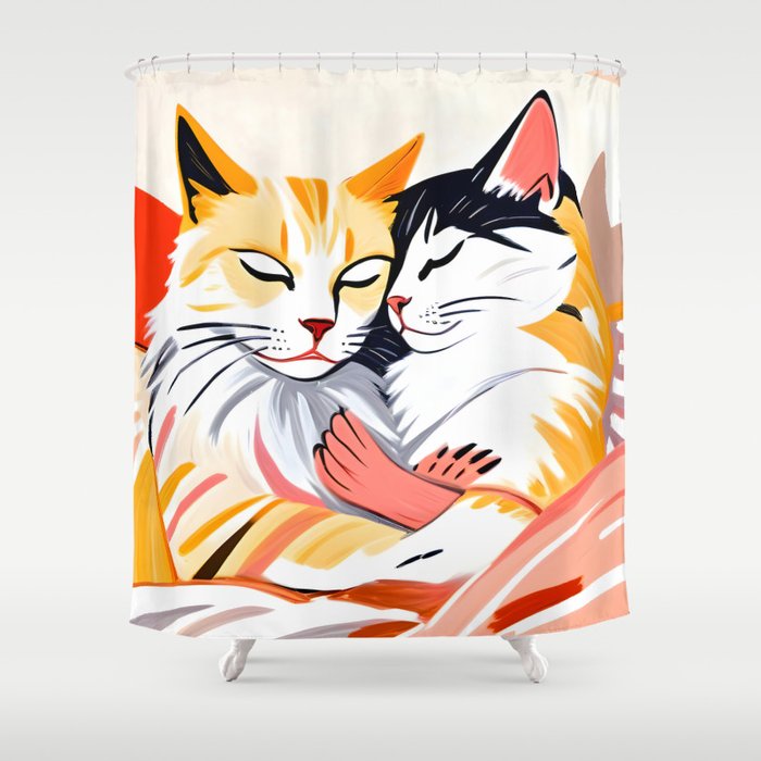 Sleepover, Cats Animals Pets In Love, Affection Cute Companion One Night Stand, Cat Mom Couple Romance Painting Shower Curtain Gallery Image 1
