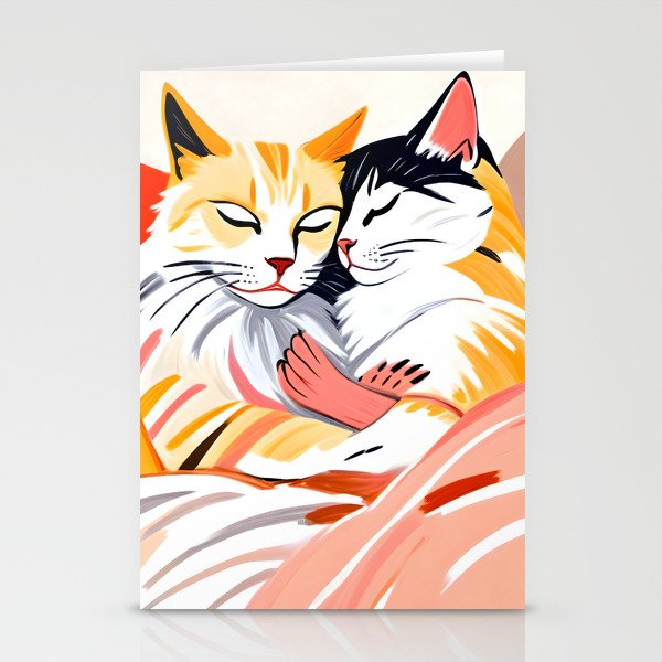 Sleepover, Cats Animals Pets In Love, Affection Cute Companion One Night Stand, Cat Mom Couple Romance Painting Stationery Card Gallery Image 2
